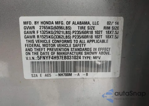 2014 Honda Pilot Touring из США, поврежденный, VIN 5FNYF4H97EB031024